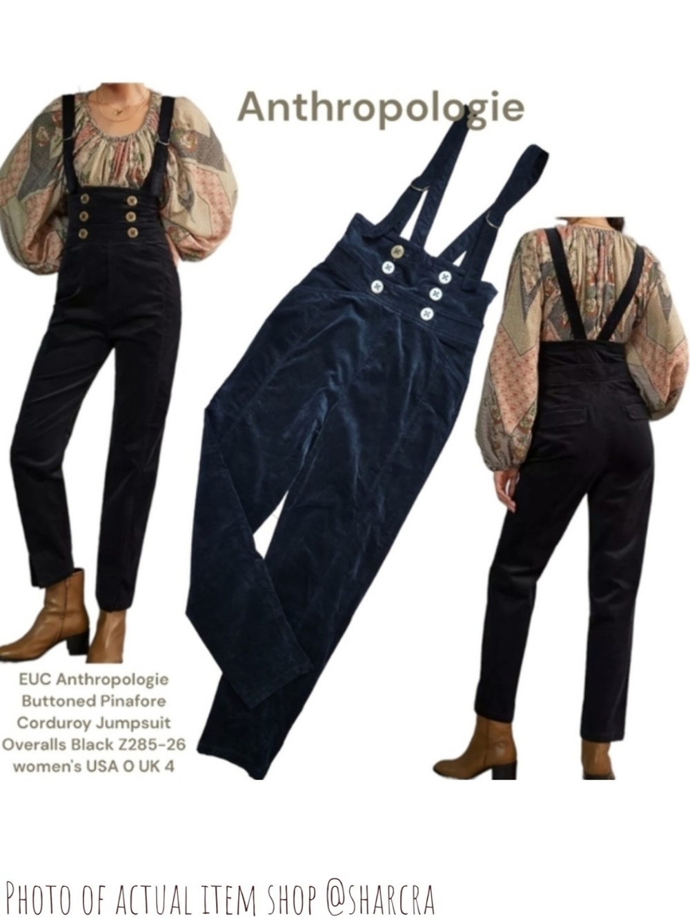Anthropologie Black Micro Corduroy Pinafore Jumpsuit Overalls OB1405131 Sz 4 Sm